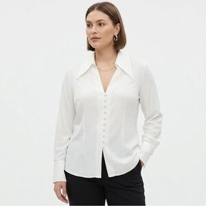 SETRE White Viscose Button Front Blouse Size US 10 XL Long Sleeve Sharp Collar